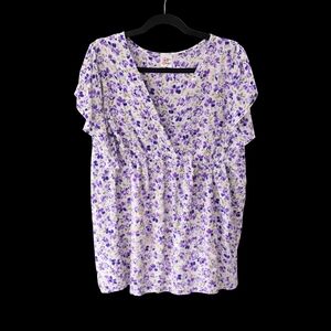 ZigZag Stripe | Purple Floral Ruffle Sleeve Babydoll Top | XXL